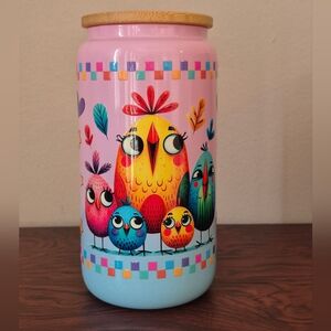 Colorful Bird Pink Blue Glitter Glass 16oz Tumbler, Lid Reusable Straw